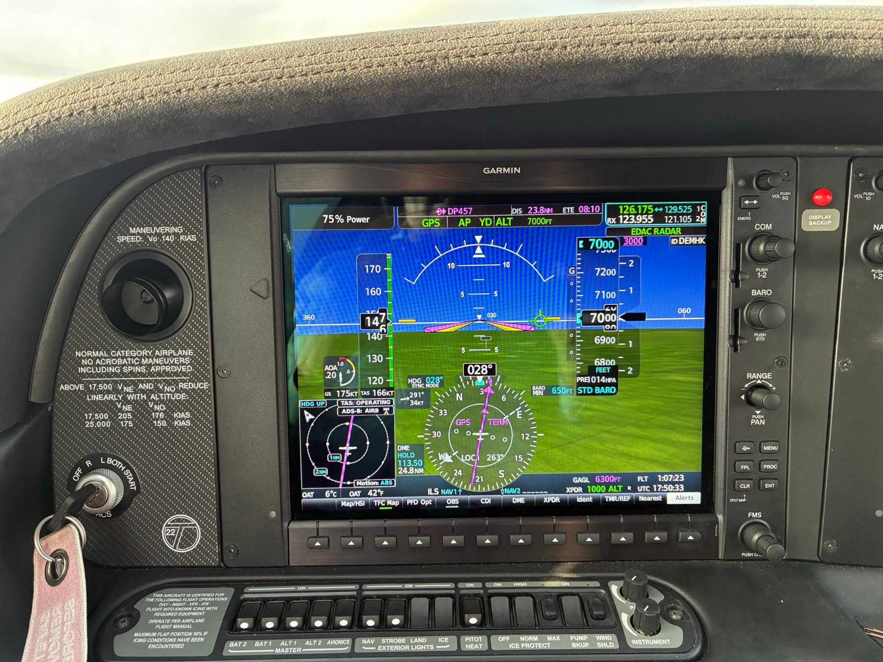 Primärdisplay der Garmin G1000 NXi mit Synthetic Vision im Reiseflug